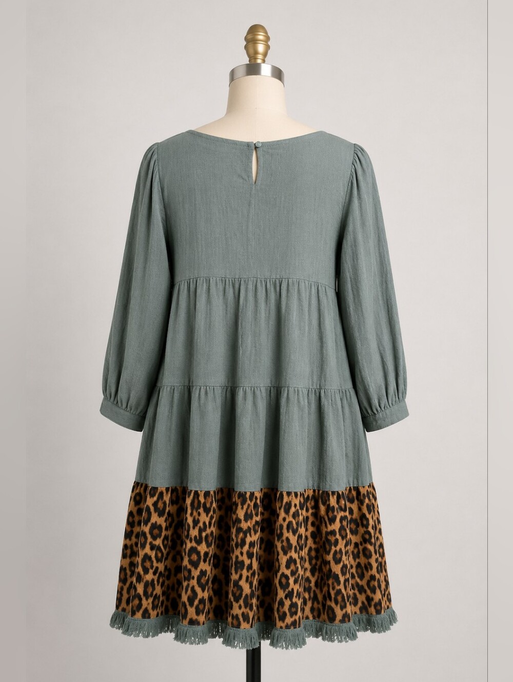 Umgee Sage Green Leopard Print Tiered Babydoll Dress | Boho Tunic Dress - Picture 3 of 5